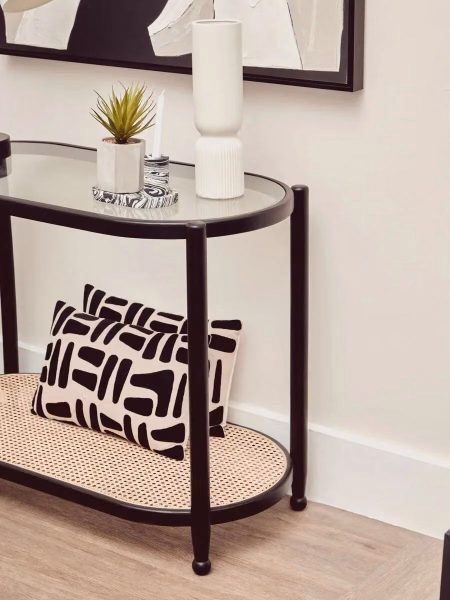Orsina Cebu 2 Tier Rattan and Glass Console Table in Black – 2