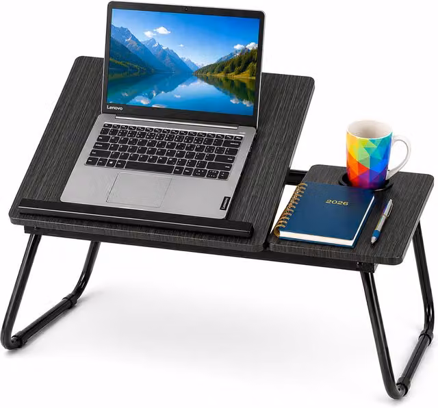 Innoteck Foldable Laptop Desk with Adjustable Tilting Top and Cup Holder, Black