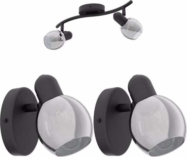 Loops Twin Ceiling Spotlight and 2x Matching Wall Lights in Black with Transparent Vaporised Glass – 1