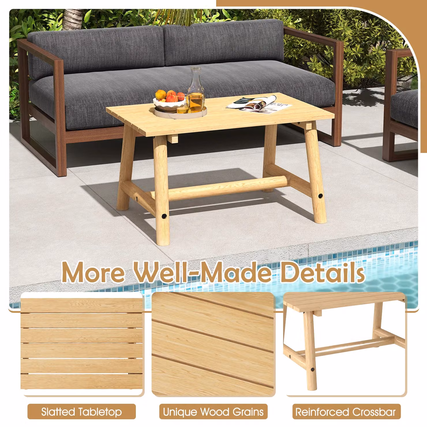 Costway Outdoor Coffee Table in Natural Solid Wood with Slatted Tabletop – 6