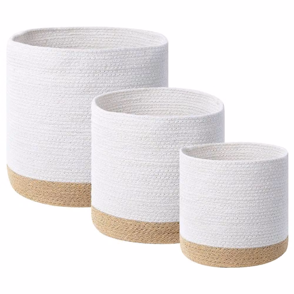 Wyld and Coco Set of 3 Boho Cotton Jute Storage Baskets in White and Natural Beige – 2