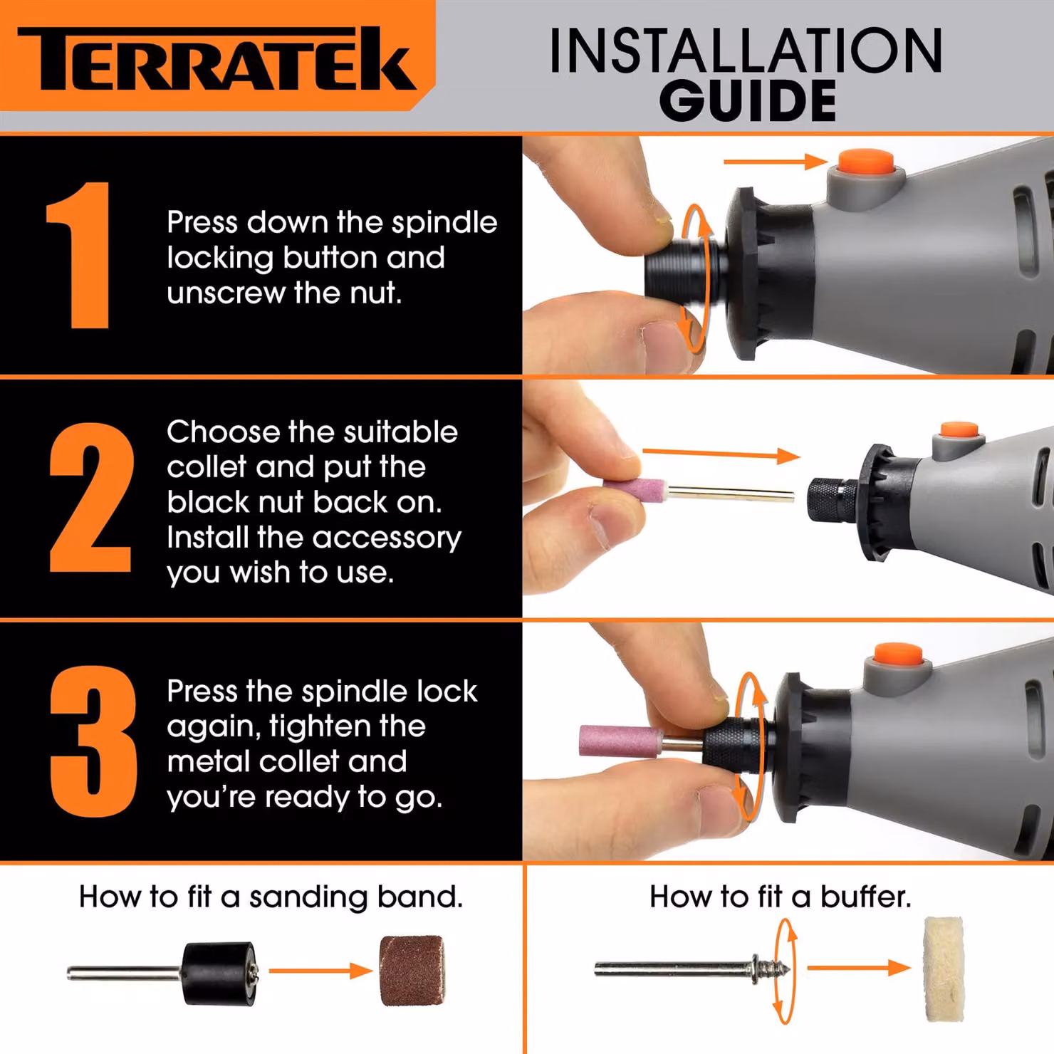 Terratek Corded Rotary Tool with 234pc Accessory Set, 135W Variable Speed, Orange and Grey – 6