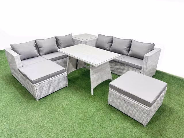 Fimous 8-Seater Patio Set with Rectangular Table, 3-Seater Sofa and Side Table in Light Grey