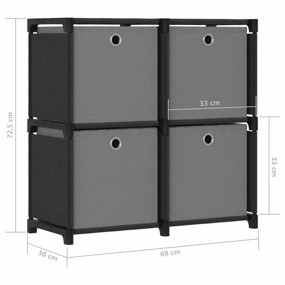 Berkfield Home 4-Cube Display Shelf with Fabric Boxes in Black and Grey, W/D/H: 69 x 30 x 72.5 cm – 2