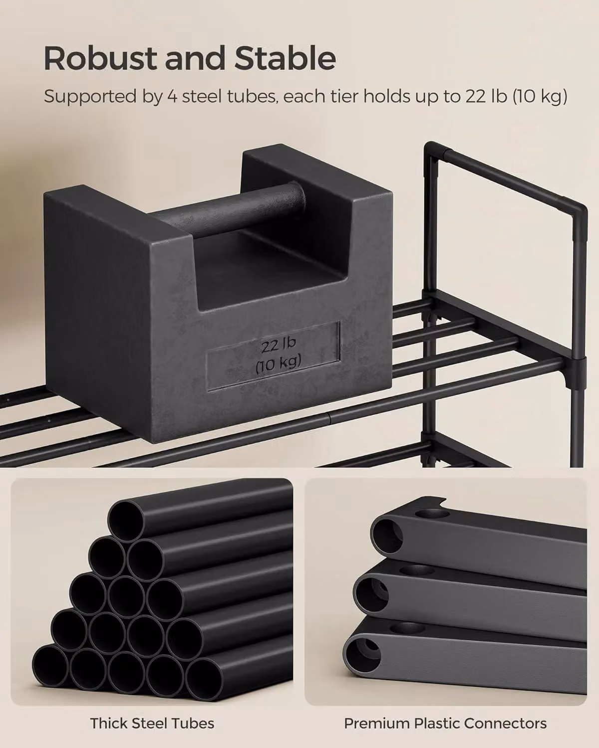 SONGMICS 2-Tier Stackable Metal Shoe Storage Rack Organiser in Black – 3