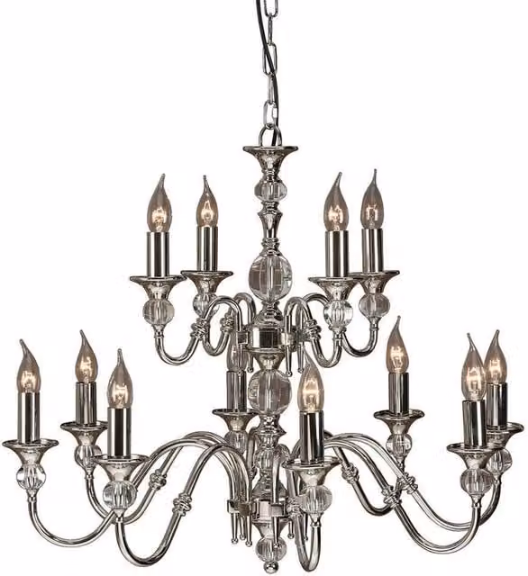 Interiors 1900 Polina 12 Light Chandelier in Polished Nickel with Crystal Finish and E14 Bulbs