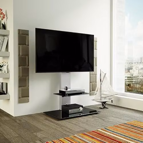 AVF Column TV Floor Stand with Silver Column and Gloss Black Safety Glass Shelves, Compatible with TVs up to 65 inches and 40kg – 2
