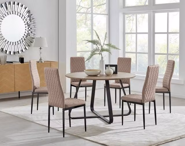 FurnitureboxUK Santorini Brown Round Dining Table and 6 Milan Beige Chairs with Black Legs – 1