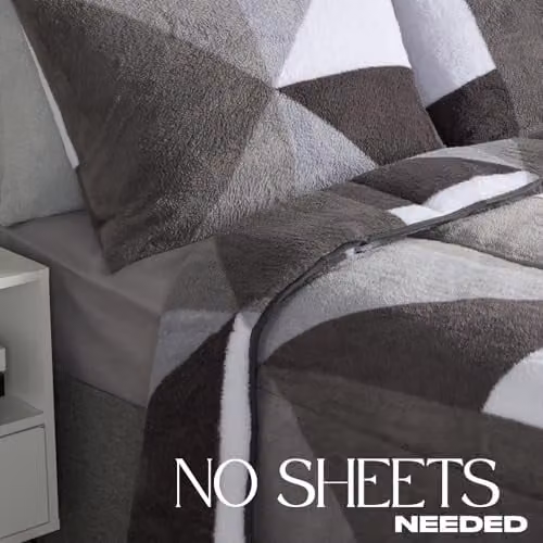 OHS Grey Geometric Teddy Fleece Coverless Double Duvet and Pillowcase Set, 10.5 TOG, W/D/H: 200 x 200 x 200 cm – 3