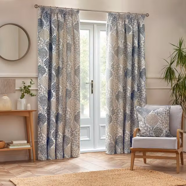 Make It A Home Ophelia Floral Jacquard Pencil Pleat Curtains in Wedgewood, W: 183 cm, D: 229 cm