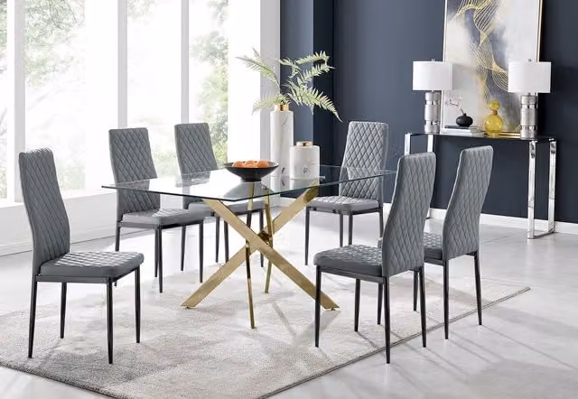 FurnitureboxUK Leonardo Rectangular Glass Dining Table and 6 Milan Faux Leather Chairs in Grey with Black Legs, W: 150 cm, D: 90 cm, H: 75 cm