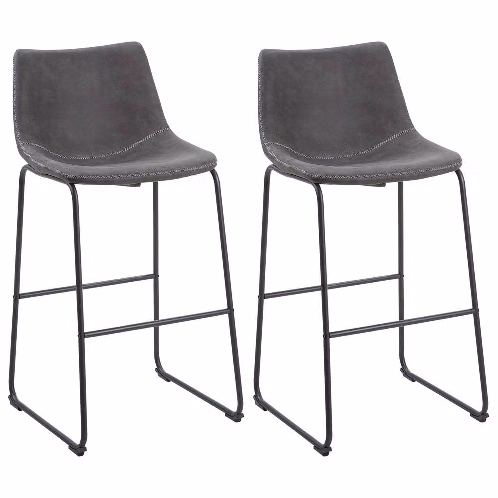 Wyld and Coco Set of 2 Mid-Century Bar Stools in Dark Grey Fabric with Black Metal Legs – 2