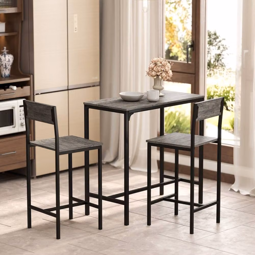 STILVORA 3-Piece Industrial Bar Table Set with 2 Stools in Grey and Black – 6
