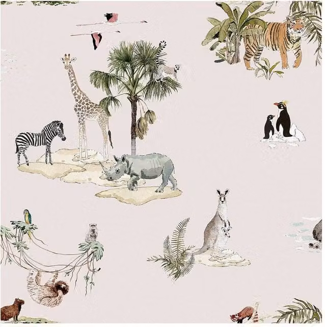 Sophie Allport Animals of the World Wallpaper in Chalk Blush, Pink and Multicolour, Width: 52 cm