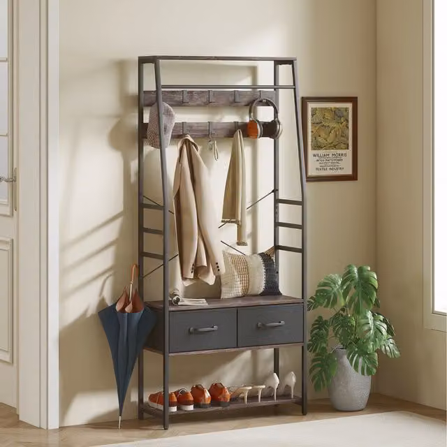 HOMCOM Hall Tree with Shoe Storage Bench and 10 Hooks, Rustic Brown and Grey