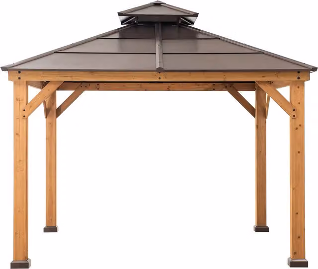 Sunjoy Rustic Cedar Wood and Metal Framed Hip Roof Gazebo in Sand and Brown, W: 393 cm, D: 335.5 cm, H: 250 cm