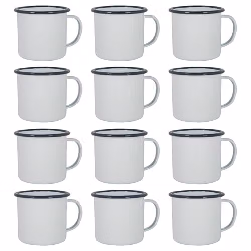 Argon Tableware White Enamel Mugs, Set of 12, Blue, 375ml