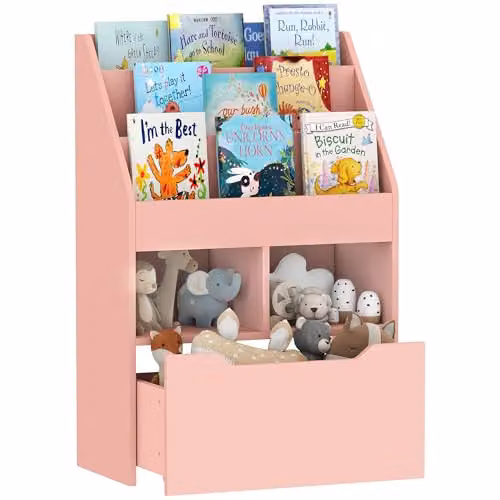 HOMCOM Kids Bookshelf and Toy Organiser with Moveable Drawer in Pink – 1