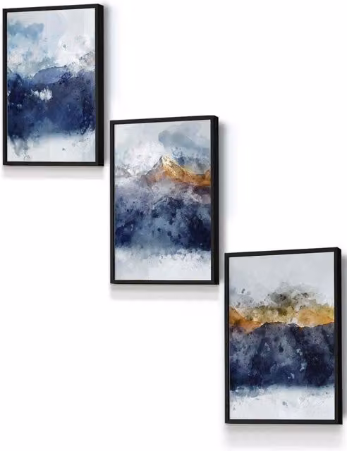 ARTZE Set of 3 Abstract Navy and Yellow Mountain Landscape Wall Art in Black Frames, W: 33 cm, H: 45 cm, D: 2 cm – 3