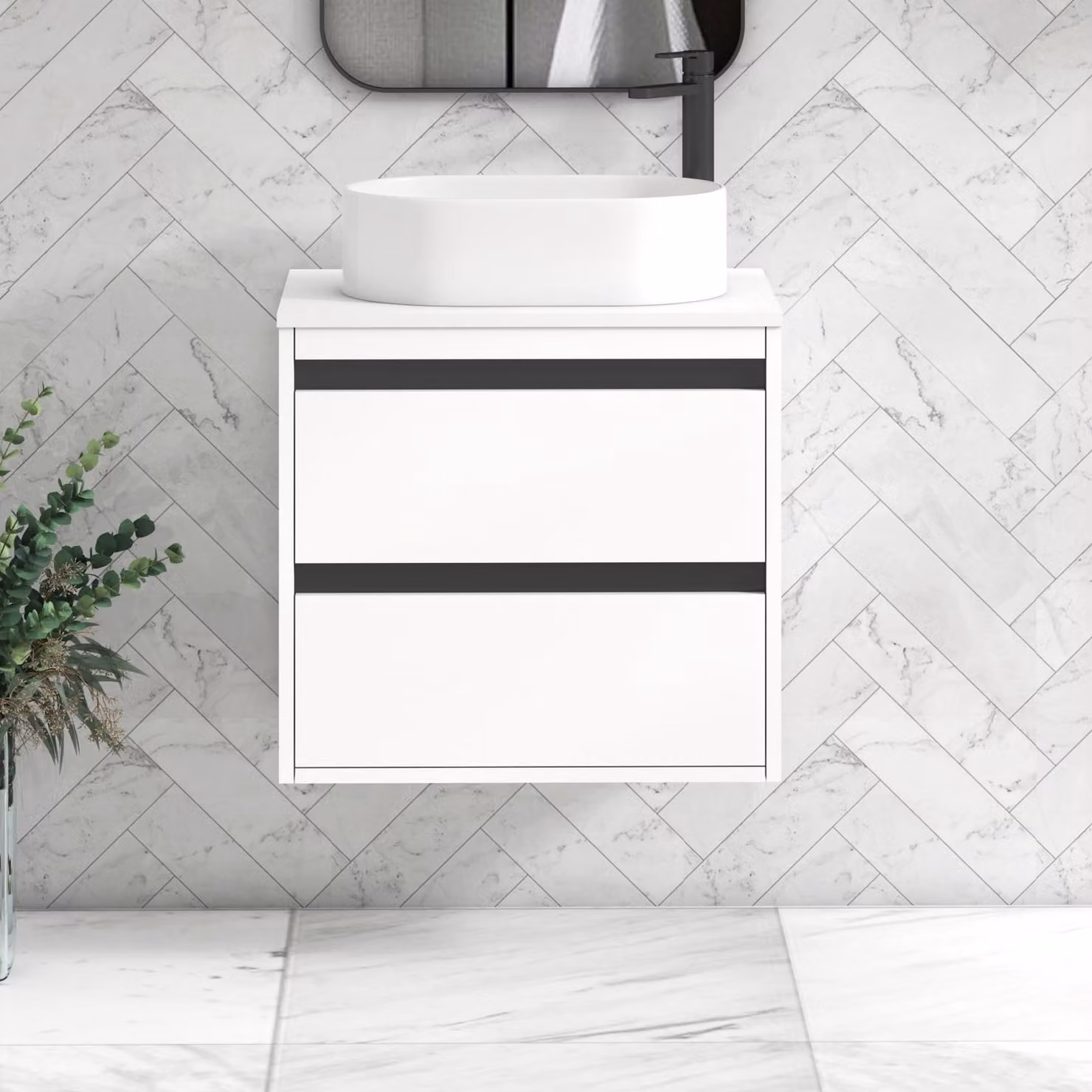 Royal Bathrooms Orion 600mm Matt White Wall Hung Vanity Unit with 2 Drawers, Peak Basin and Black Accent Trim