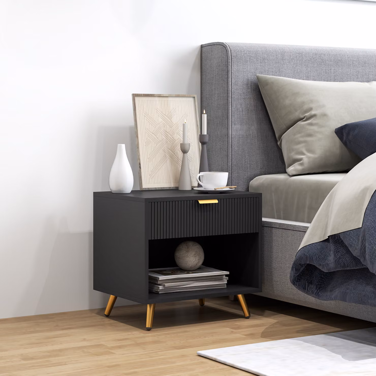 HOMCOM Elegant Modern Bedside Table with Drawer and Shelf in Black and Gold Tone – 2