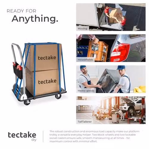 tectake Platform Trolley in Black with 150 kg Load Capacity, Foldable Handle, Storage Pocket and 4 Castors including 2 Lockable Brakes – 6