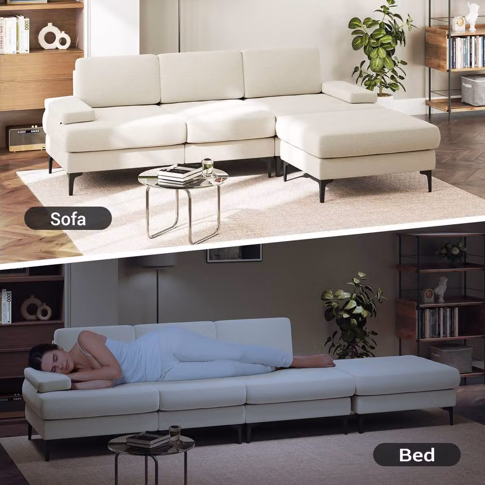 Dprodo 4 Seater L-Shape Corner Sofa Set in Beige Chenille Fabric – 3