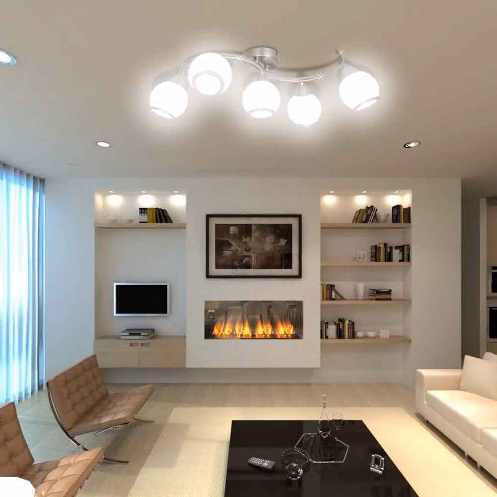 Berkfield Home Modern Ceiling Lamp with White Glass Shades on a Silver Waving Rail for 5 x E14 Bulbs – 3
