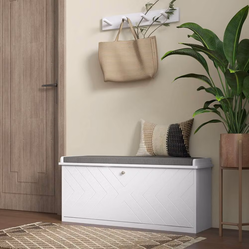 ERGOVEXA Shoe Storage Bench with Padded Fabric Seat in White and Grey – 4