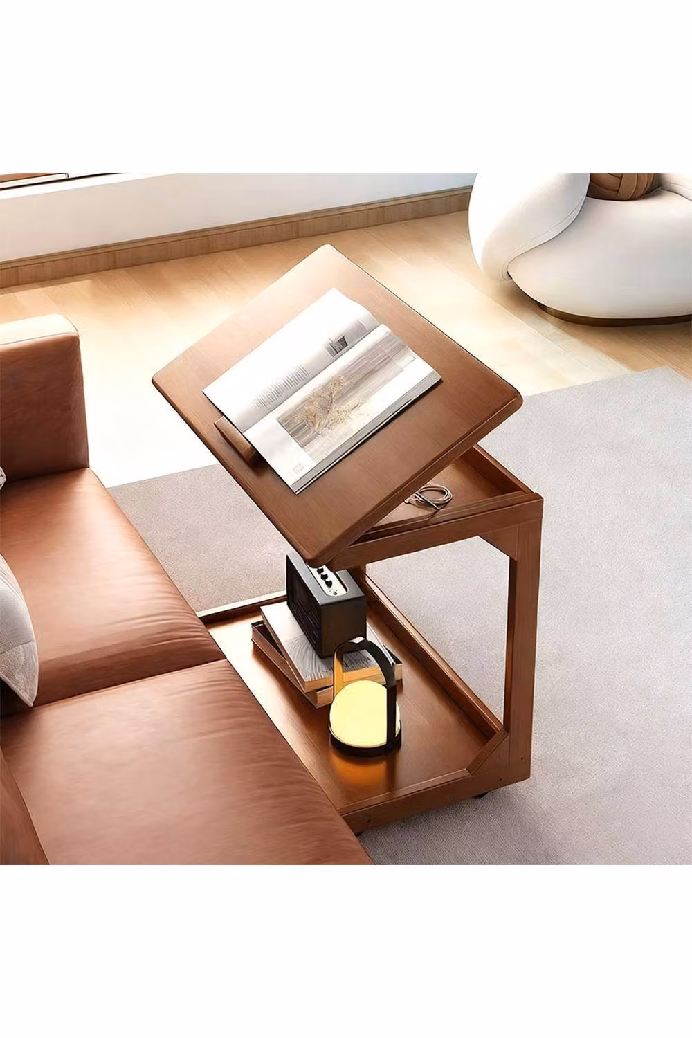 Living and Home C-Shaped Side Table with Wheels and Hidden Storage in Walnut – 2