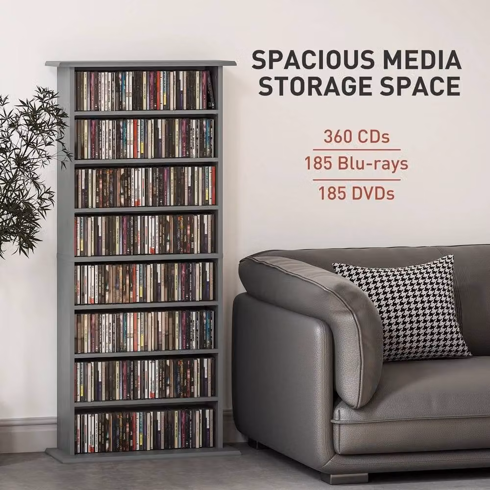 VOGREX Grey CD, DVD and Blu-ray Storage Tower with Adjustable Shelves, H 126.3 x W 58.0 x D 24.0 cm – 4
