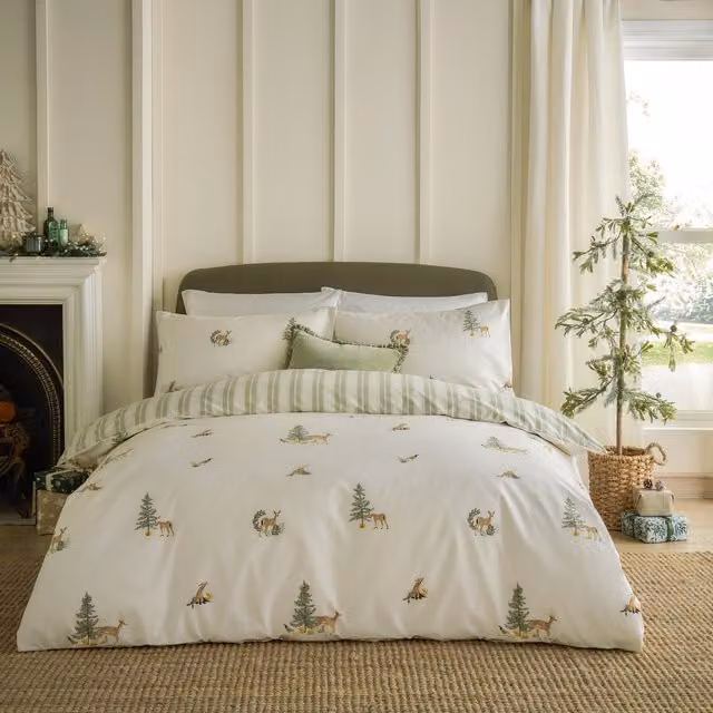 Charlecote Single Cotton Duvet Cover and Pillowcase Set, Green and Natural Striped Animal Print, 90 x 200 cm