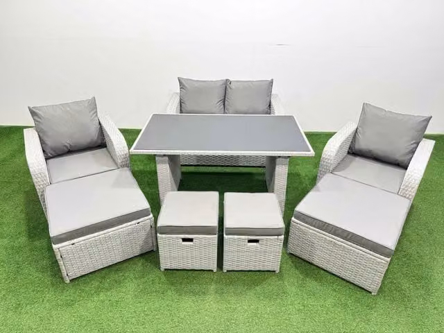 Fimous 8 Seater Modern Rattan Garden Furniture Set with Glass Dining Table in Light Grey