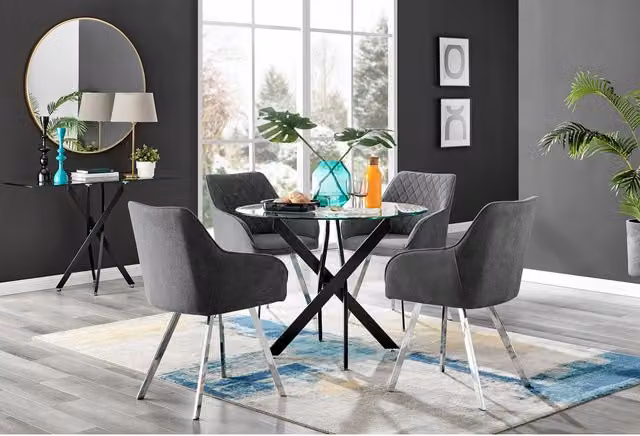 FurnitureboxUK Novara Round Glass Dining Table with 4 Falun Silver Leg Chairs in Black and Dark Grey
