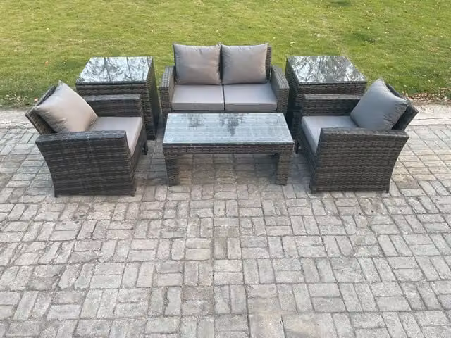 Fimous 4 Seater Outdoor Rattan Garden Furniture Set with Coffee Table and 2 Side Tables in Dark Grey