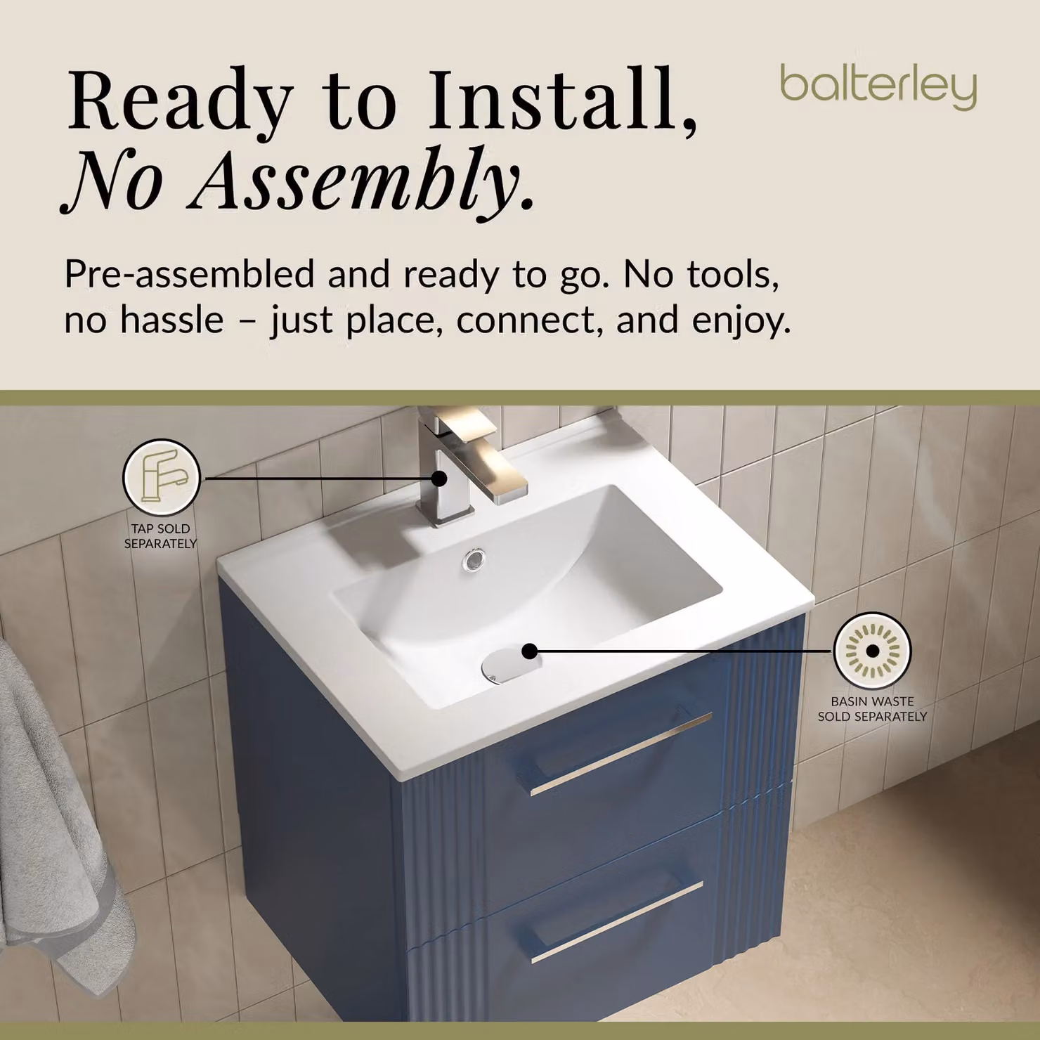 Balterley Wall Hung 2 Drawer Vanity Unit with Minimalist Basin, Satin Blue – 4