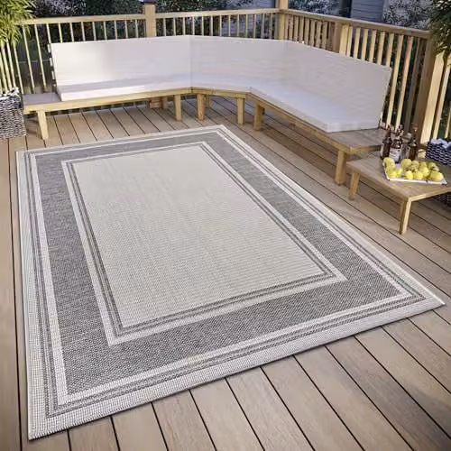 Hanse Home Cast Modern Pattern Bordered Indoor and Outdoor Rug, Beige and Grey, W: 120 cm x D: 60 cm