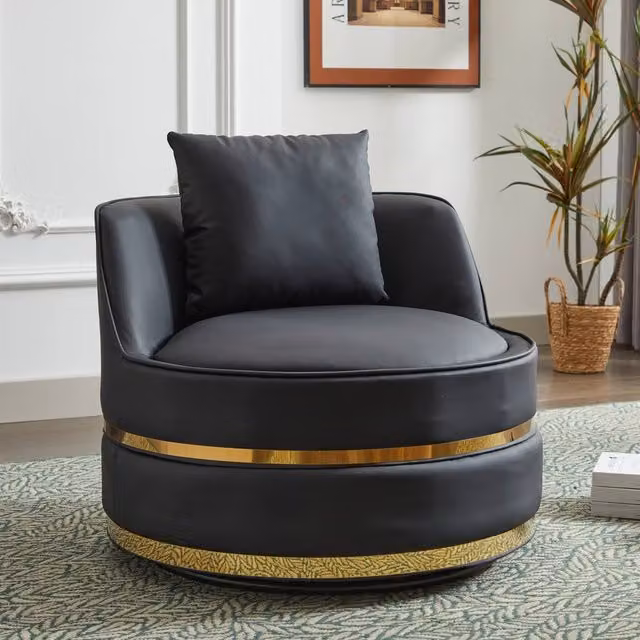 Matteo Black Modern 360 Swivel Barrel Accent Chair with Gold Trim and Synthetic Leather