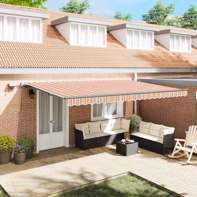 Berkfield Home Manual Retractable Striped Awning with Multicolour LED Lighting, W: 500 cm, D: 300 cm