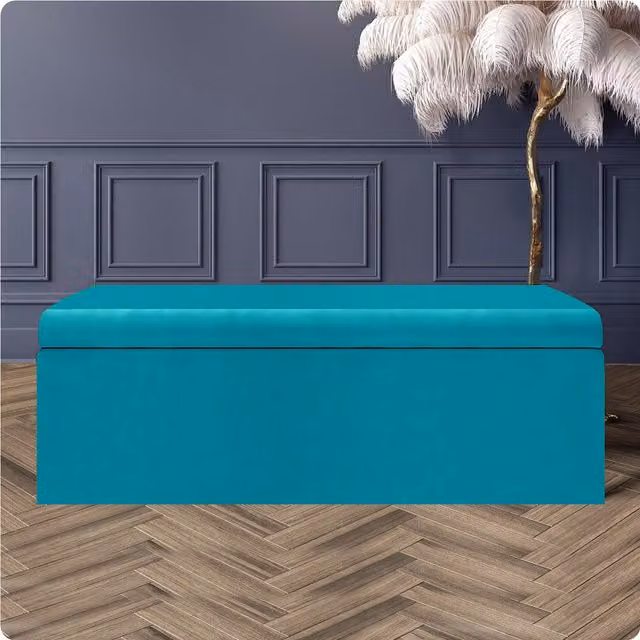 R&M Furnishers Large Plain Safar Storage Ottoman Box in Petrol Teal Plush Velvet