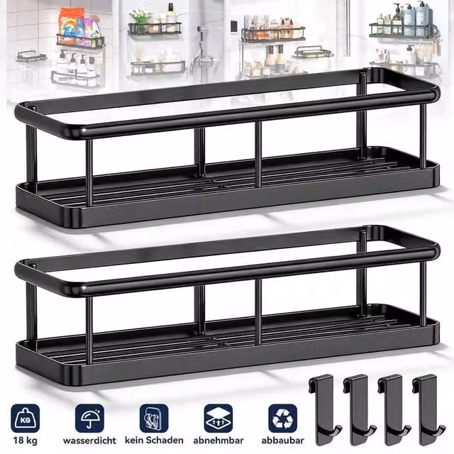 NESTLUNE Black Metal Wall Mounted Shower and Storage Rack with Hooks