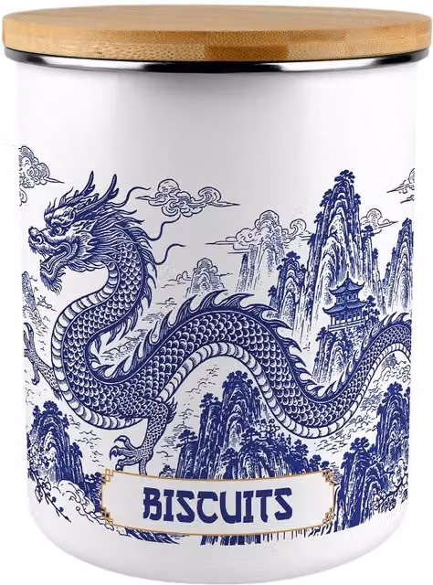 Purely Home Dragon Temple Extra Large Enamel Biscuit Tin in Blue and White