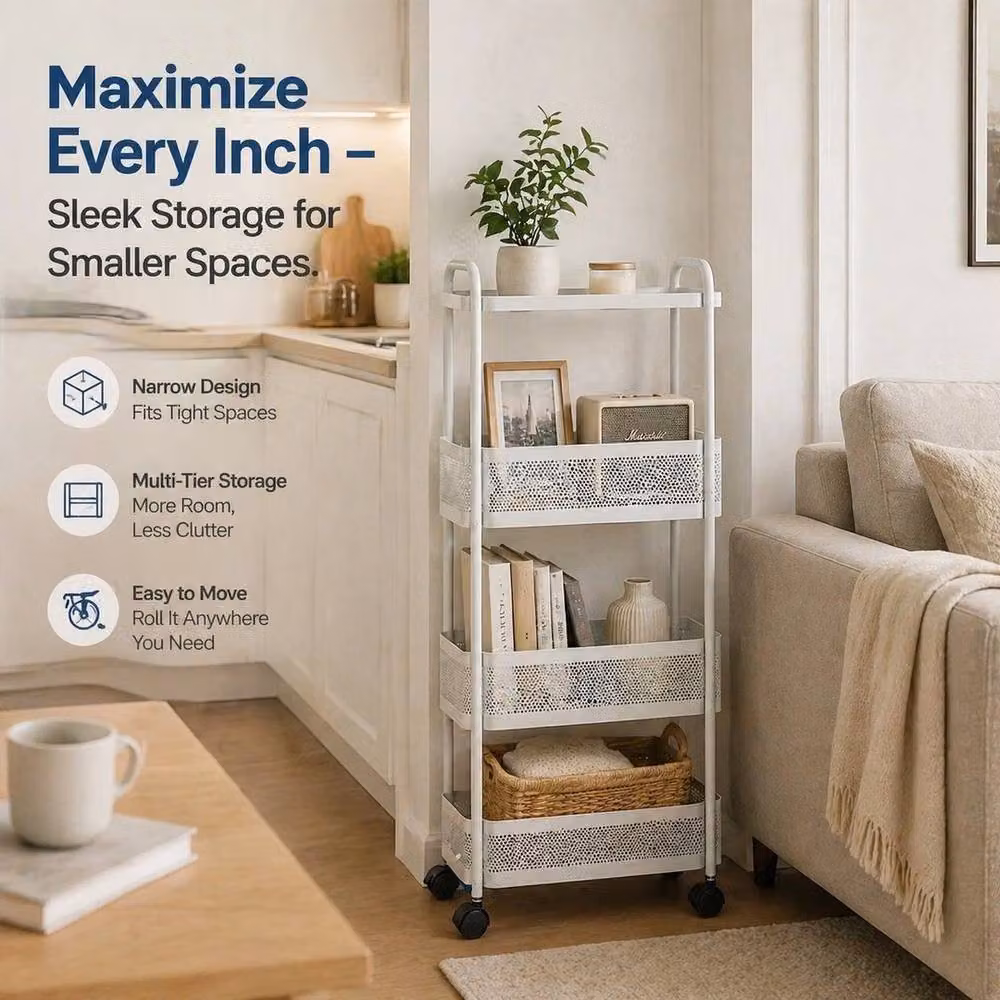 PAWNORA 4-Tier Rolling Utility Trolley Cart in White Metal – 2