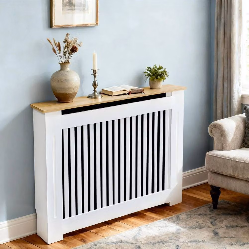 FORGEVIO Vertical Radiator Cover Shelf with Back Panel, White, W/D/H: 112 x 20 x 92.5 cm – 2