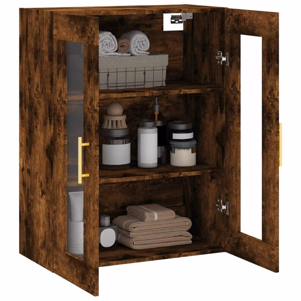 Berkfield Home Wall Mounted Smoked Oak Cabinet with Glass Doors in Brown, W/D/H: 69.5 x 34 x 90 cm – 5