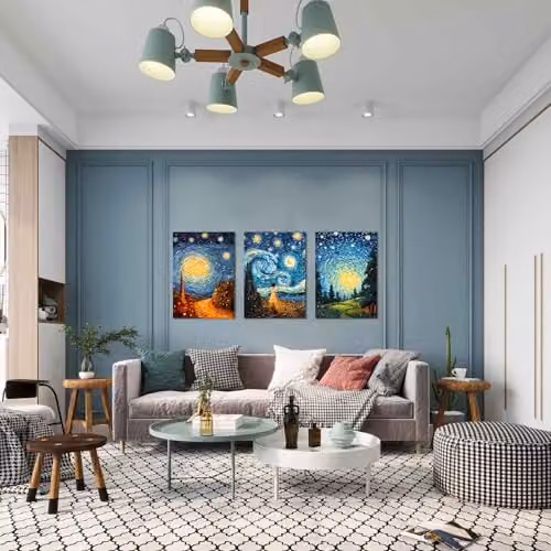 Simpa 3 Panel Canvas Wall Art, Blue and Multicolour Starry Night Inspired Abstract Painting, W/H: 60 x 40 cm per panel – 2
