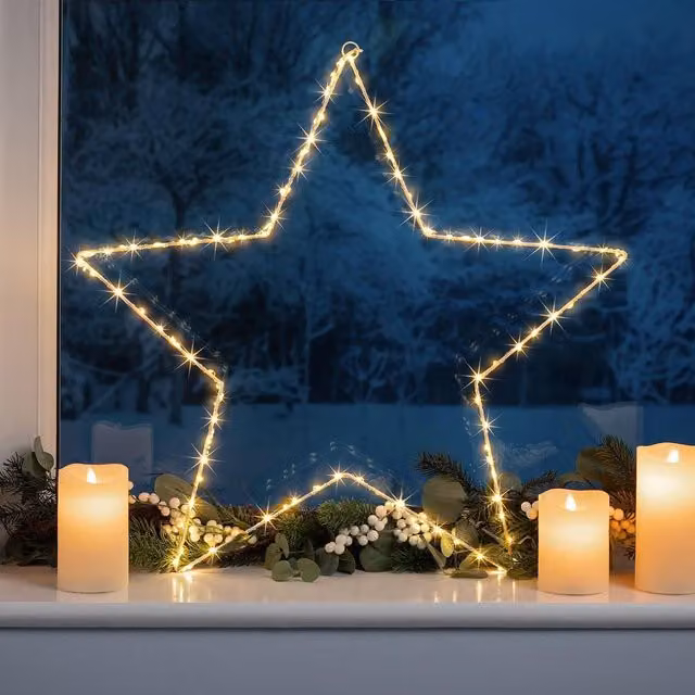 Christow Star Christmas LED Light, Gold Metal Hanging Decoration, Height: 60 cm