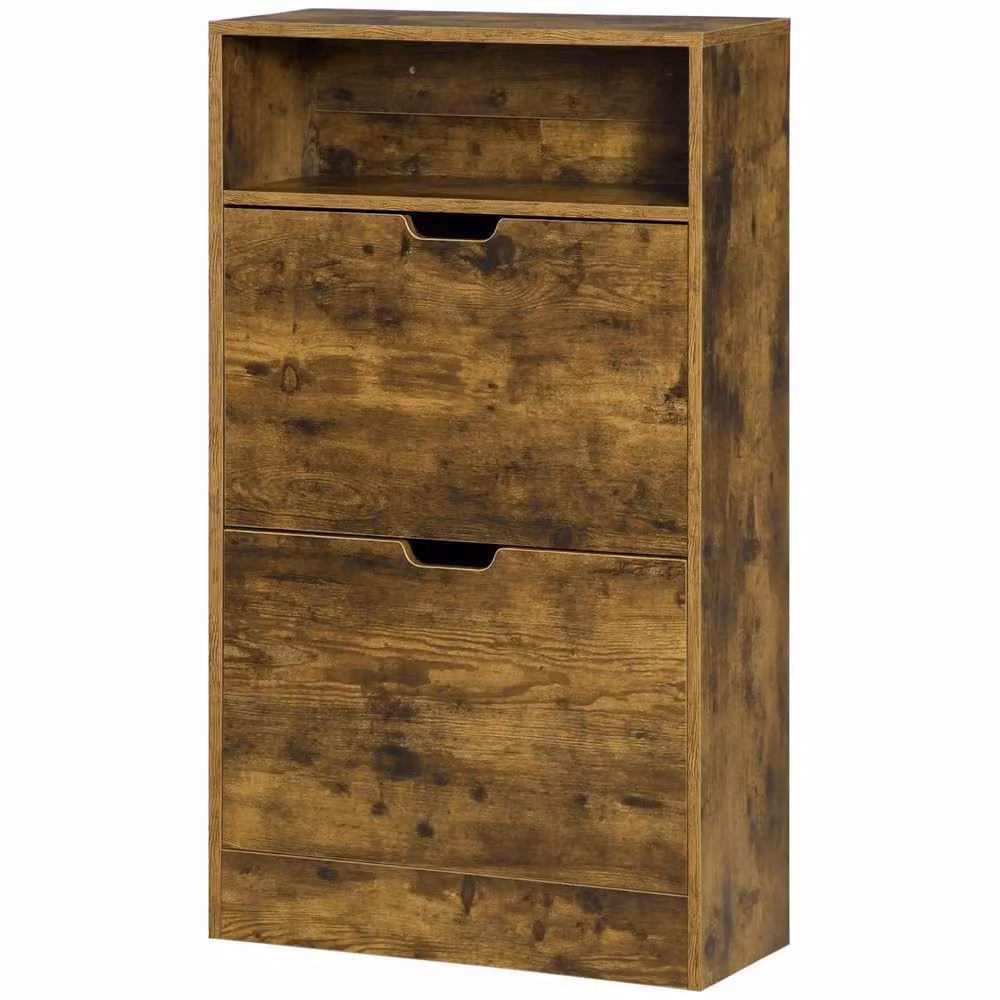 FURNOS Rustic Brown Hallway Shoe Storage Cabinet with 2 Drawers and Open Shelf, W/D/H: 60 x 24 x 102 cm – 3