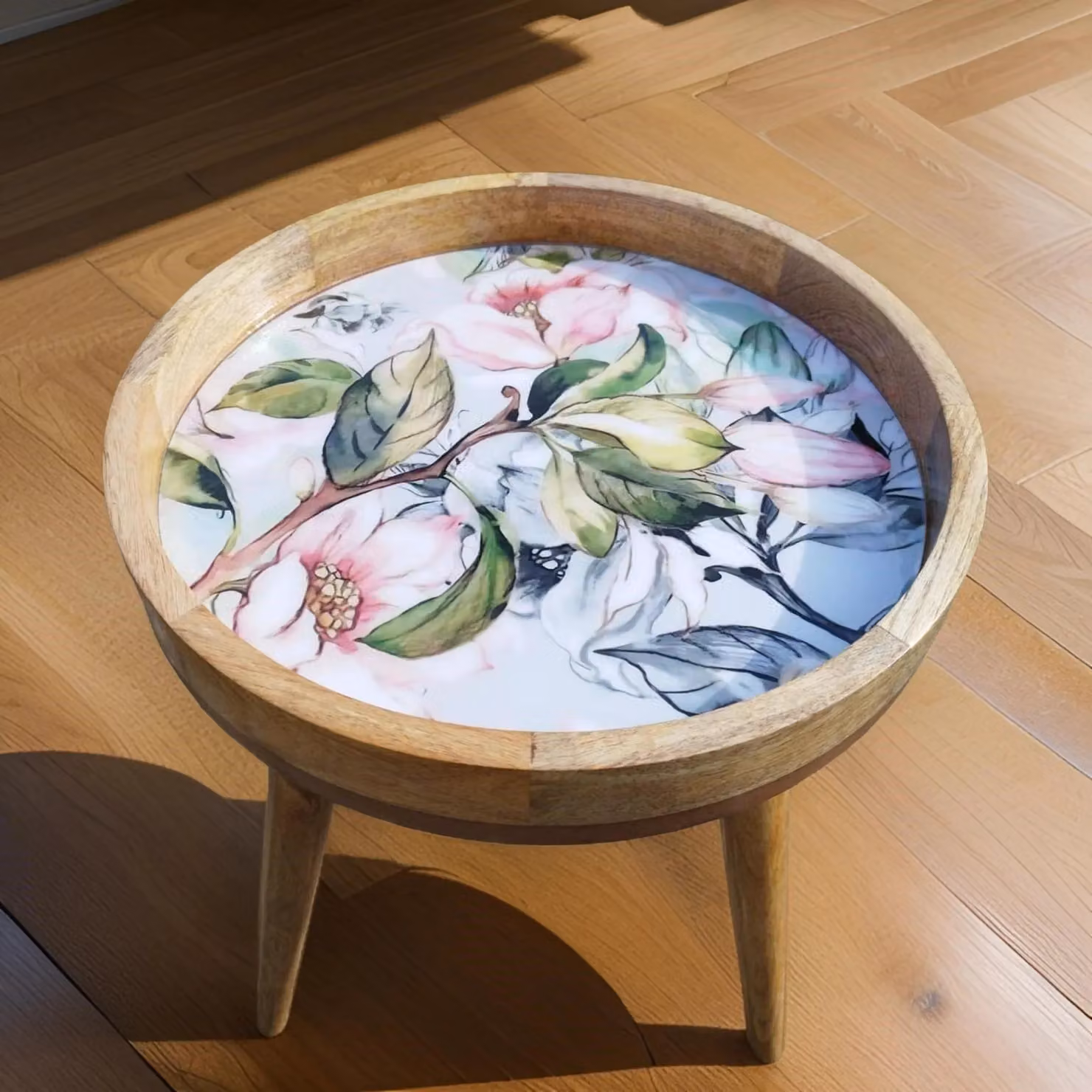 Hartsmede Mango Wood Round Side Table with Pink Floral Enamel Resin Top and Detachable Legs, H 36 cm x W 38 cm – 4