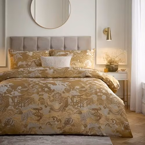 Paoletti Baransu Gold Jacquard Cotton Duvet Cover Set, Reversible Ethnic Design, W: 140 cm x L: 200 cm